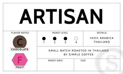 Artisan coffee label showing Chocolate and Fruit flavor notes