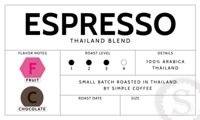 Espresso (Med-Drk Thai) coffee label showing Fruit and Sweet flavor notes