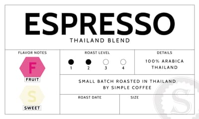 Espresso (Med-Drk Thai) coffee label showing Fruit and Sweet flavor notes