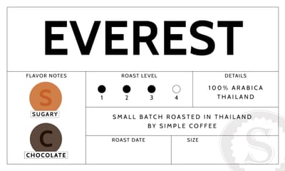 Everest coffee label showing Sugary and Chocolate flavor notes