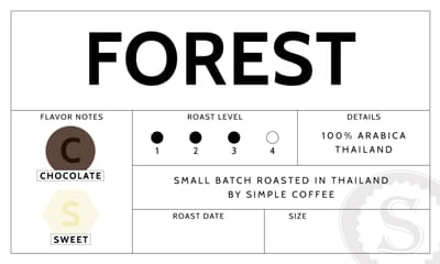 Forest coffee label showing Chocolate and Sweet flavor notes