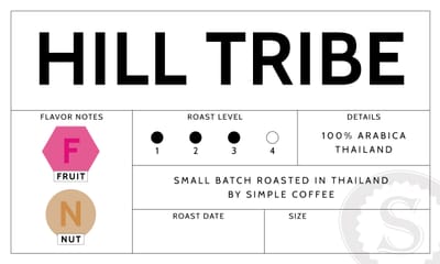 Hill Tribe coffee label showing Fruit and Nut flavor notes