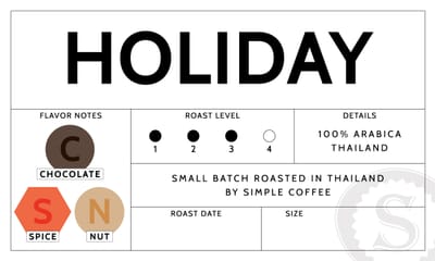 Holiday coffee label showing Chocolate, Spice and Nut flavor notes