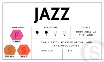 Jazz coffee label showing Fruit, Sugary and Spice flavor notes
