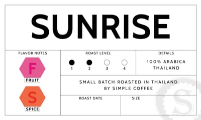Sunrise coffee label showing Fruit and Spice flavor notes