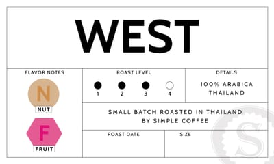West coffee label showing Nut and Fruit flavor notes